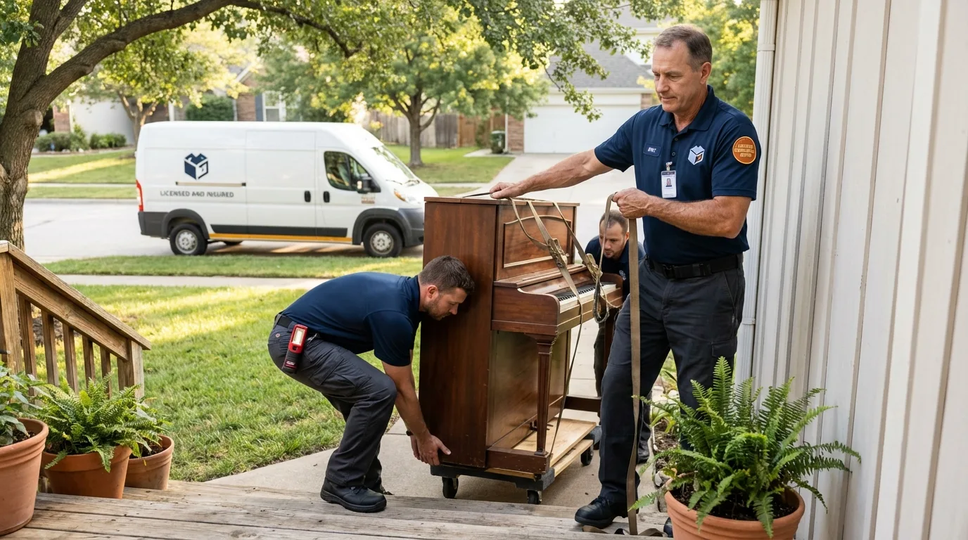 Licensed piano movers securing grand piano in Harlan, KY