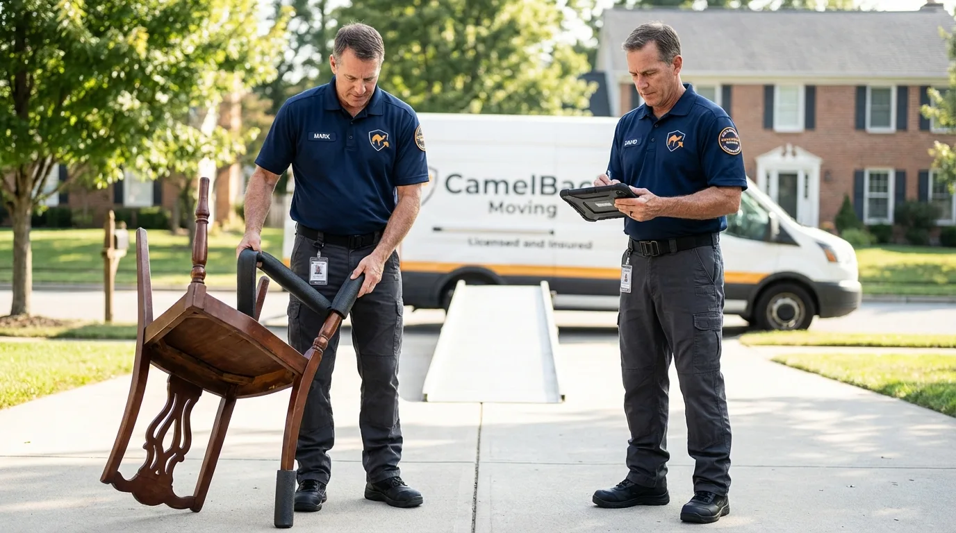 Movers inspecting furniture for damage prevention before loading in Harlan, KY